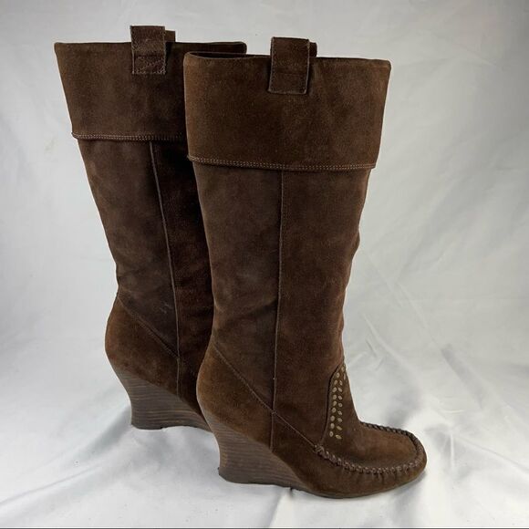 Sam Edelman Alabama Suede Brown Studded Knee High Wedge Boots 7.5 - Picture 5 of 10